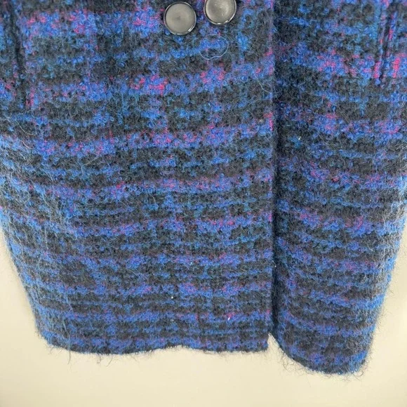 Vintage‎ Womens Blue Purple Plaid Boucle Knit Double Breasted Coat Size Small
